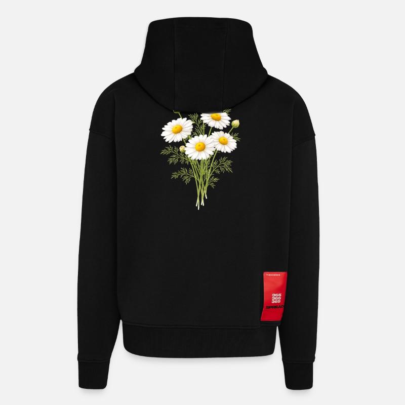 Illustration de fleurs de camomille - Veste à capuche bio épaisse oversize fabriqué en UE - SOLID BLACK