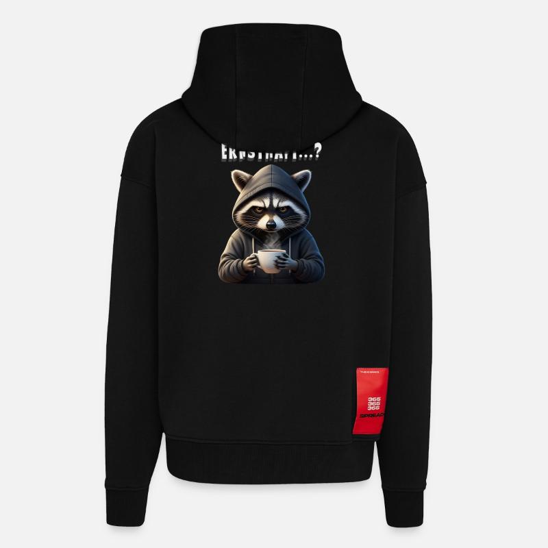 Morgenmuffel Waschbär mit Kaffee - Veste à capuche bio épaisse oversize fabriqué en UE - SOLID BLACK