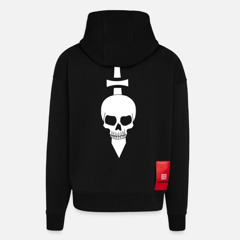 Crâne blanc et épée - Veste à capuche bio épaisse oversize fabriqué en UE - SOLID BLACK