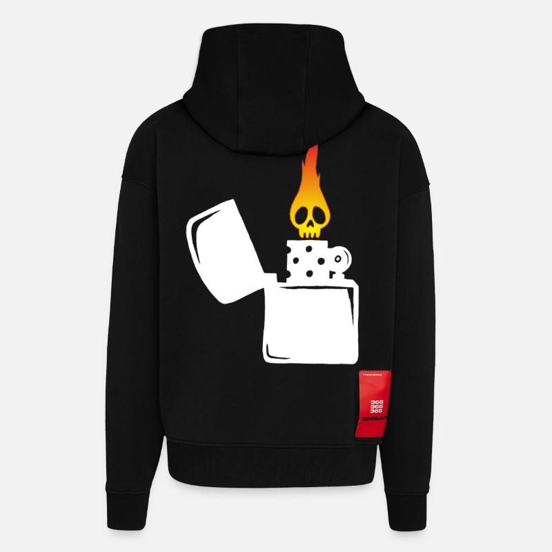 flaming skull and white lighter - Zip Hoodie - made by SPREAD - SOLID BLACK