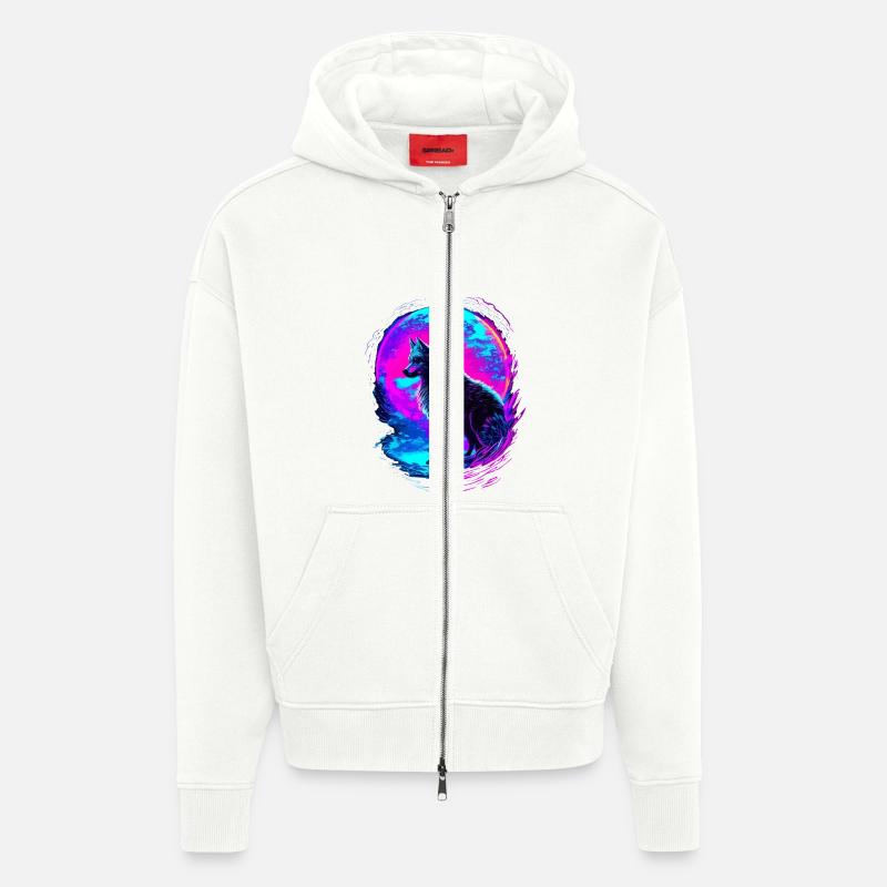 Wolf Neon Moon Synthwave - Veste à capuche bio épaisse oversize fabriqué en UE - OFF WHITE