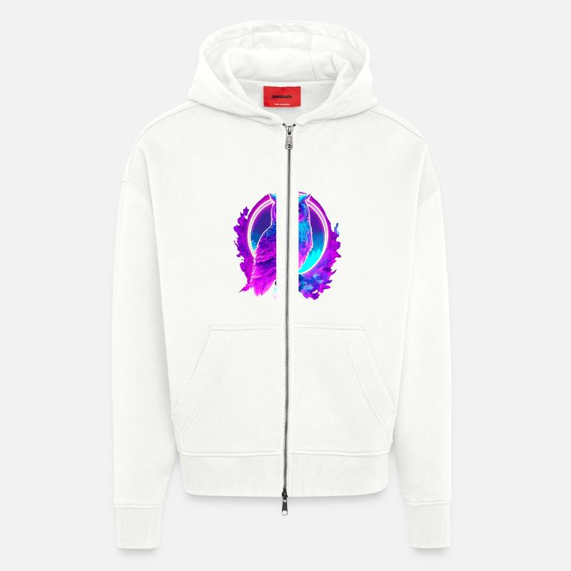 Owl Neon Moon Synthwave - Veste à capuche bio épaisse oversize fabriqué en UE - OFF WHITE