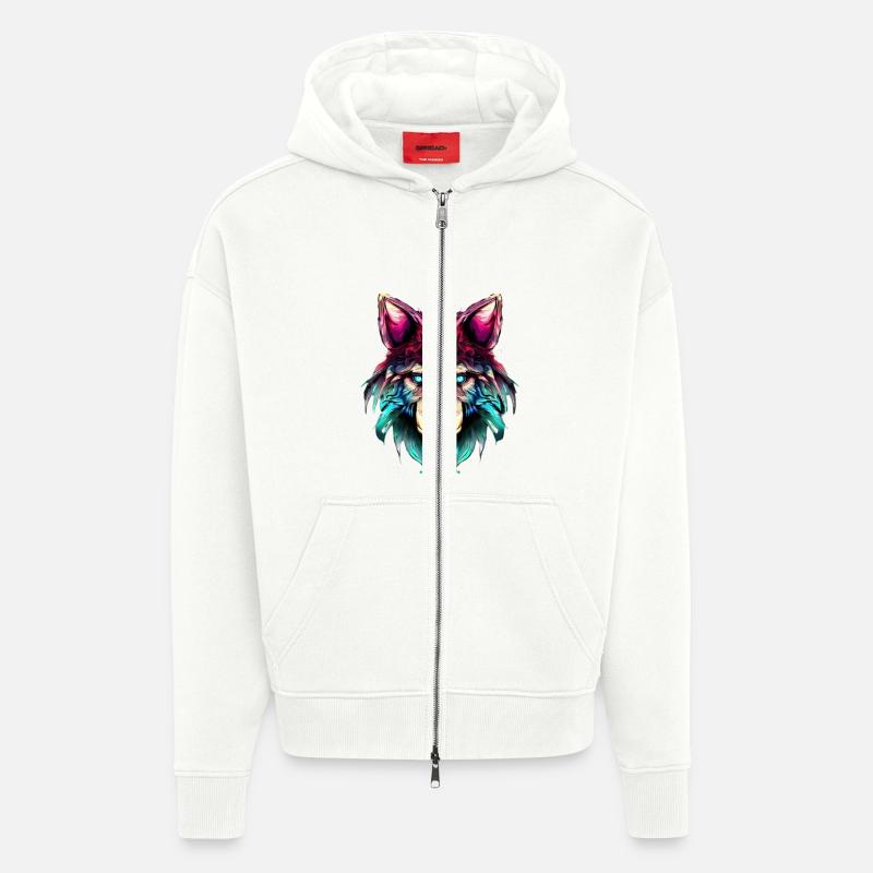 Mystic Wolf Synthwave Wolf Head - Veste à capuche bio épaisse oversize fabriqué en UE - OFF WHITE