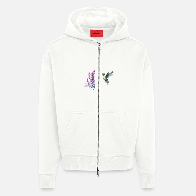 Aquarelle Colibri Nectar de Lavande - Veste à capuche bio épaisse oversize fabriqué en UE - OFF WHITE
