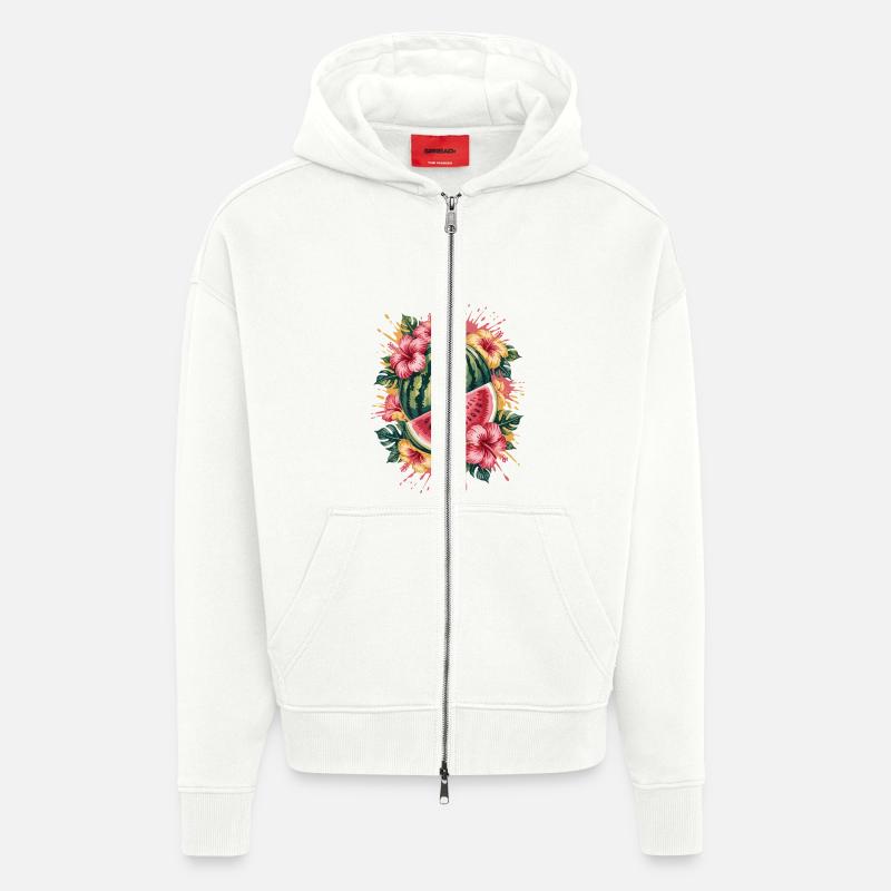 pastèque tropicale hibiscus d’été éclaboussure - Veste à capuche bio épaisse oversize fabriqué en UE - OFF WHITE