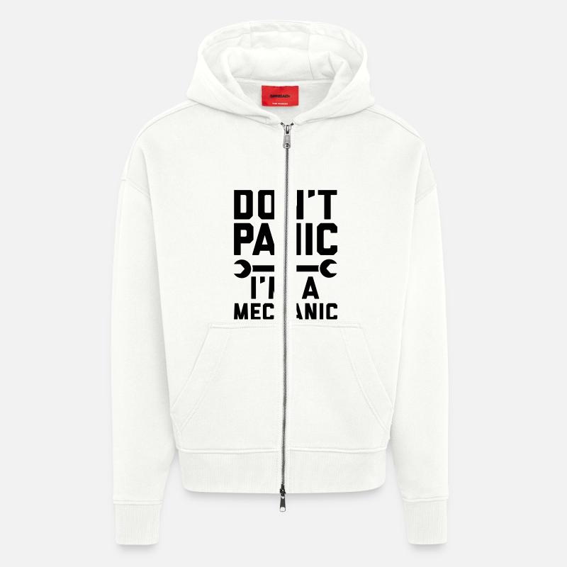 Don't panic i'm a mechanic - Veste à capuche bio épaisse oversize fabriqué en UE - OFF WHITE
