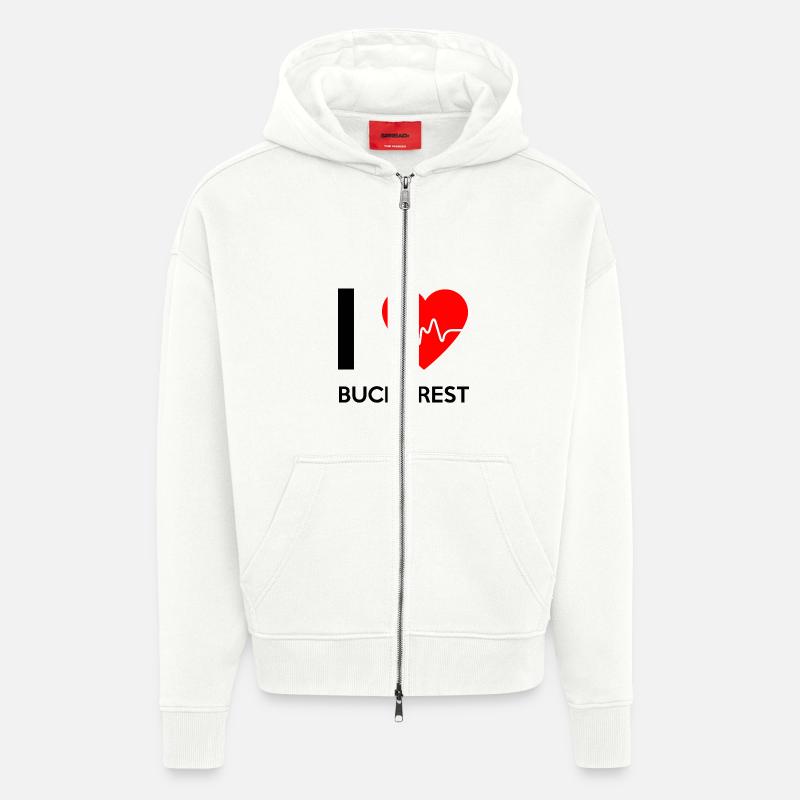 J'aime Bucarest - J'adore Bucarest - Veste à capuche bio épaisse oversize fabriqué en UE - OFF WHITE