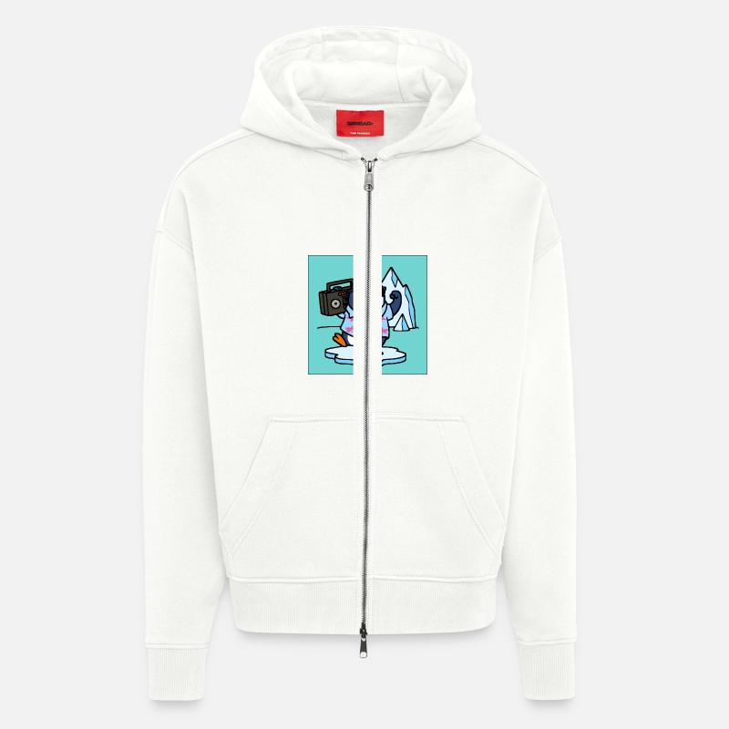 Pingouin avec jukebox Drôles d’animaux - Veste à capuche bio épaisse oversize fabriqué en UE - OFF WHITE