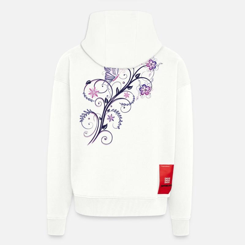 fleurs d'été. Vrille avec papillon - Veste à capuche bio épaisse oversize fabriqué en UE - OFF WHITE