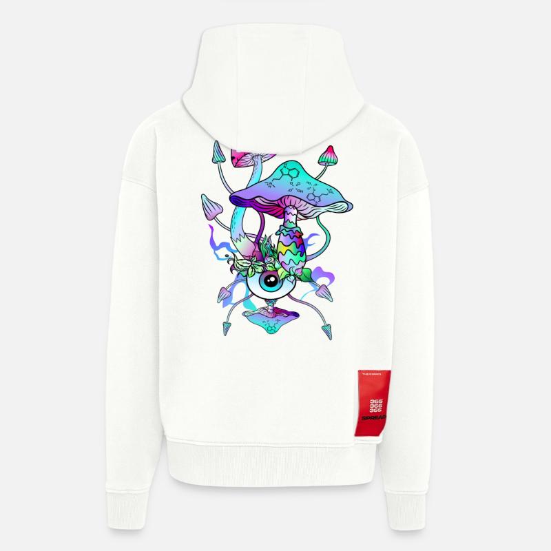 Psytrance Champignons Psychédéliques - Veste à capuche bio épaisse oversize fabriqué en UE - OFF WHITE