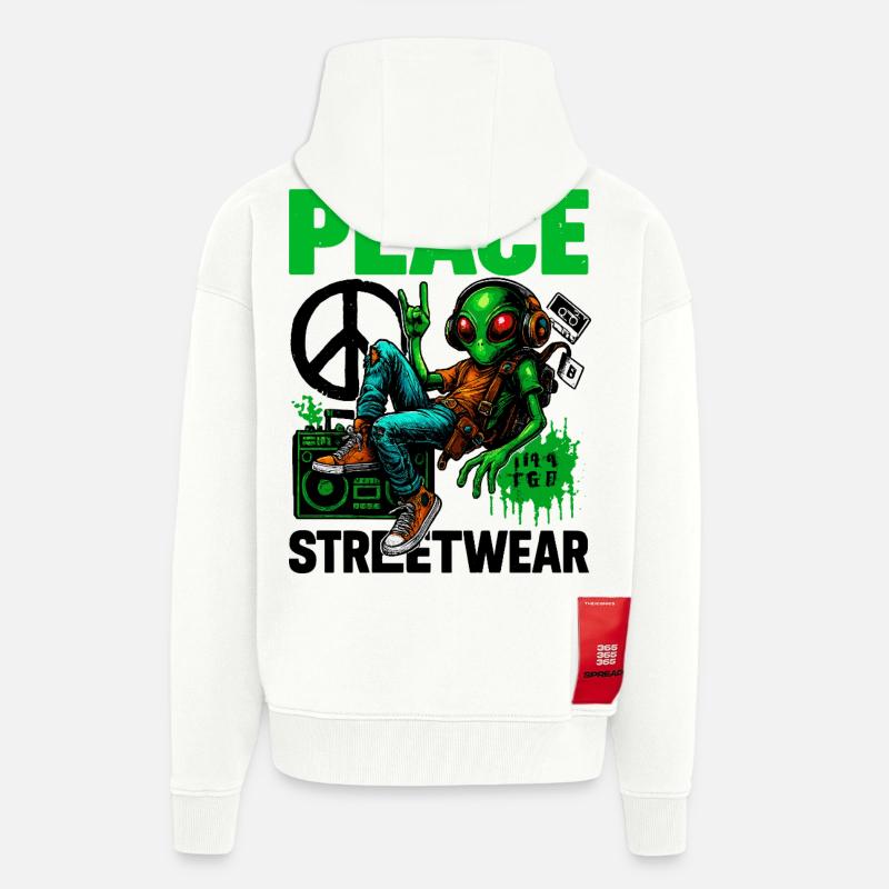 Extraterrestre avec Boombox de paix - Veste à capuche bio épaisse oversize fabriqué en UE - OFF WHITE