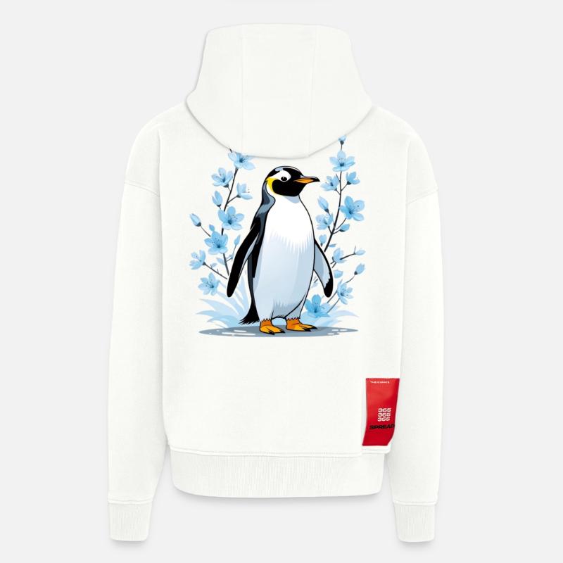 Pingouin mignon avec des fleurs bleues - Veste à capuche bio épaisse oversize fabriqué en UE - OFF WHITE