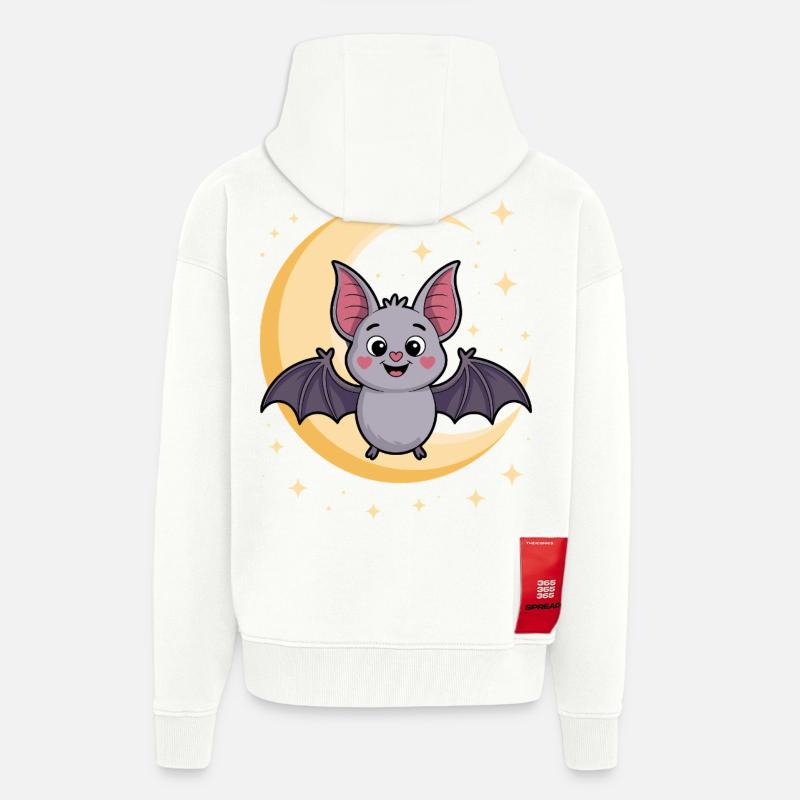 Motif de chat chauve-souris nocturne - Veste à capuche bio épaisse oversize fabriqué en UE - OFF WHITE