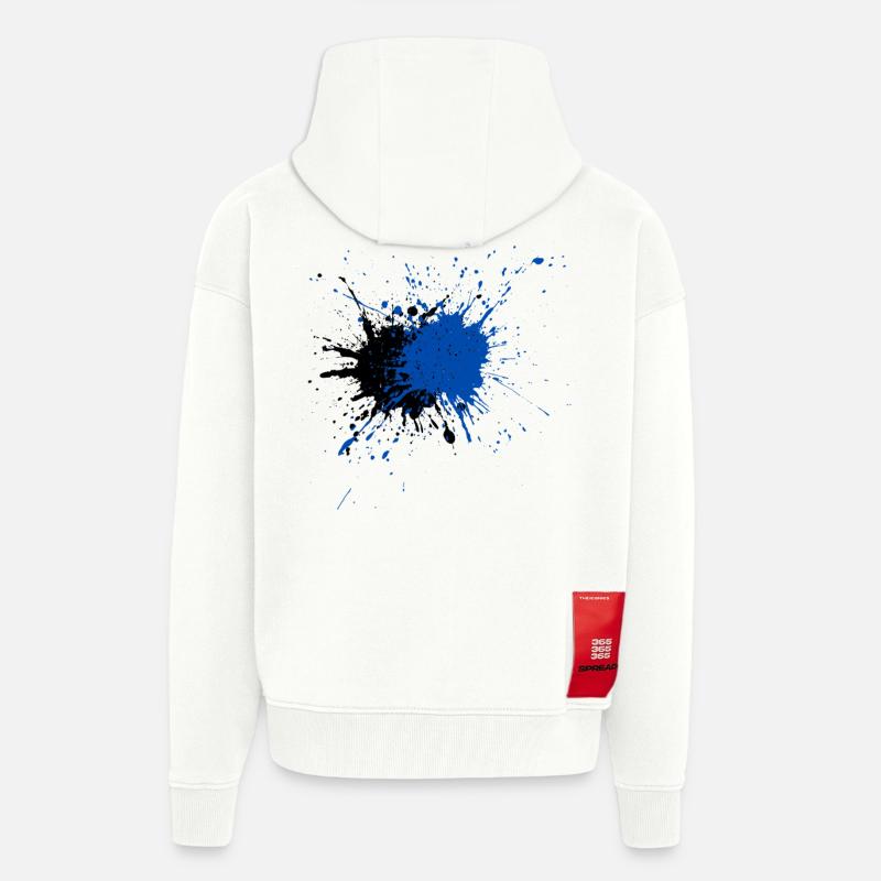 Impression créative d’éclaboussures de peinture bleue - Veste à capuche bio épaisse oversize fabriqué en UE - OFF WHITE