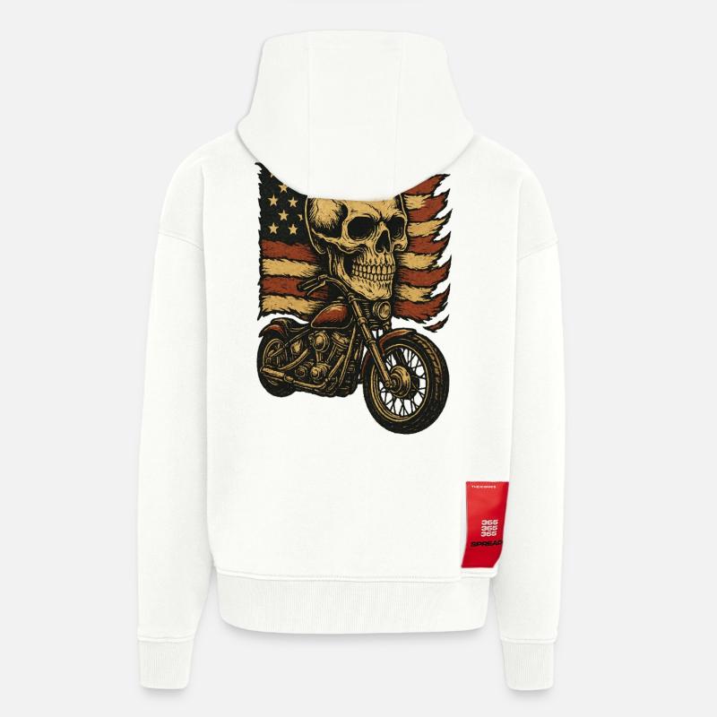 Moto skeleton devant le drapeau américain - Veste à capuche bio épaisse oversize fabriqué en UE - OFF WHITE