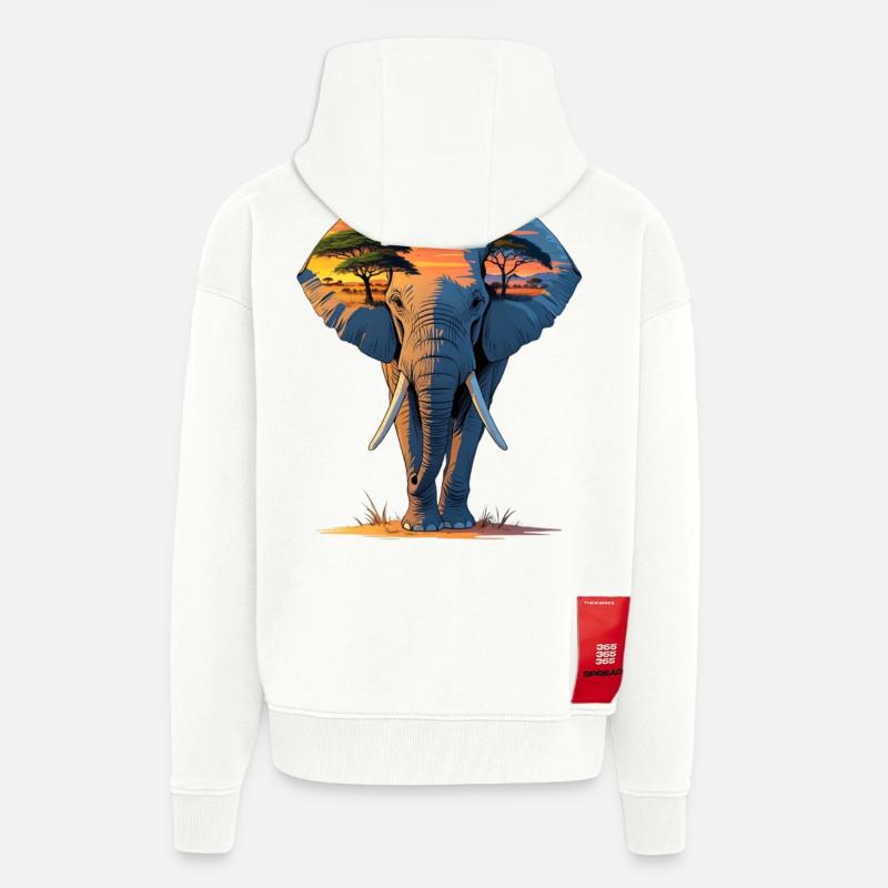 Silhouette d’éléphant au coucher du soleil - Veste à capuche bio épaisse oversize fabriqué en UE - OFF WHITE