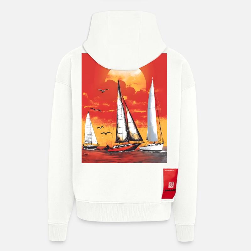 Coucher de soleil avec voilier - Veste à capuche bio épaisse oversize fabriqué en UE - OFF WHITE
