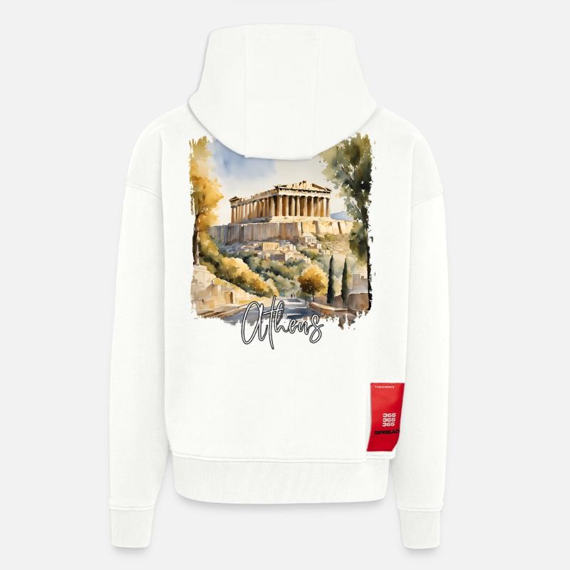 Aquarelle d’Athènes, Athènes Grèce - Veste à capuche bio épaisse oversize fabriqué en UE - OFF WHITE