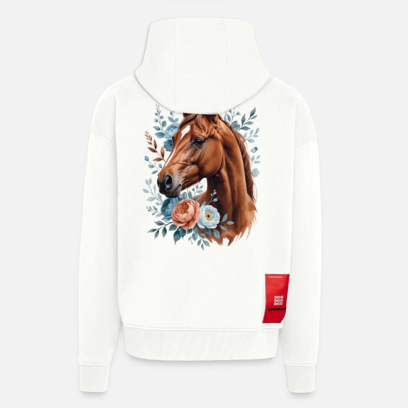 Cheval avec une couronne de fleurs - Veste à capuche bio épaisse oversize fabriqué en UE - OFF WHITE