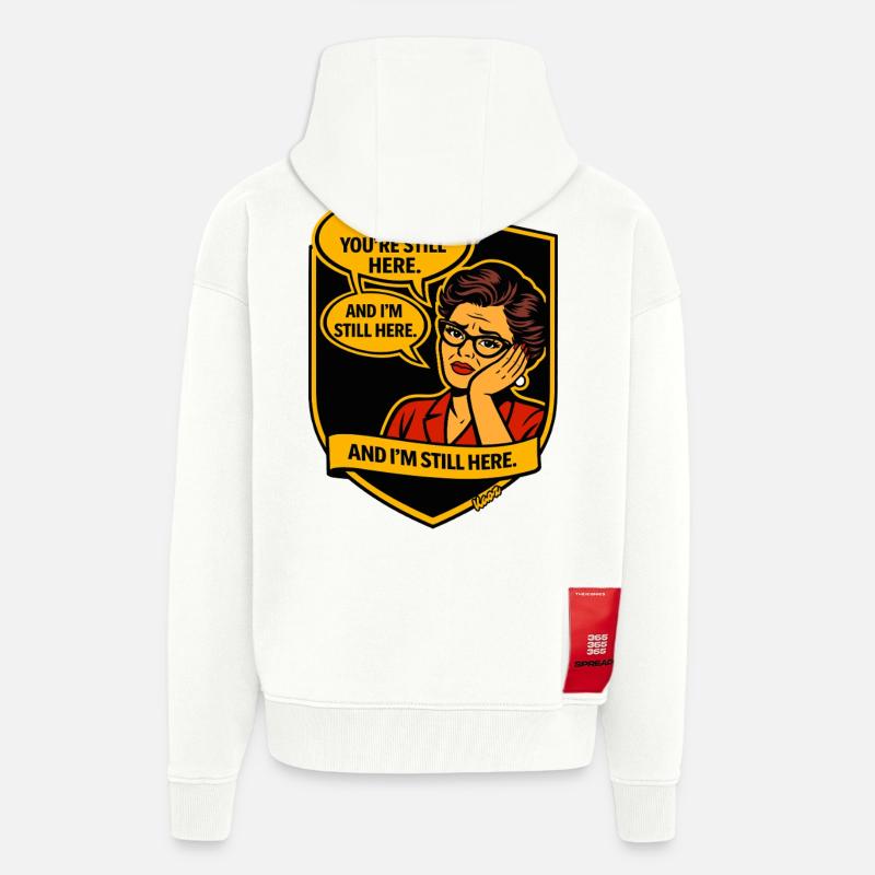 Rétro Comic Lady : toujours là - Veste à capuche bio épaisse oversize fabriqué en UE - OFF WHITE
