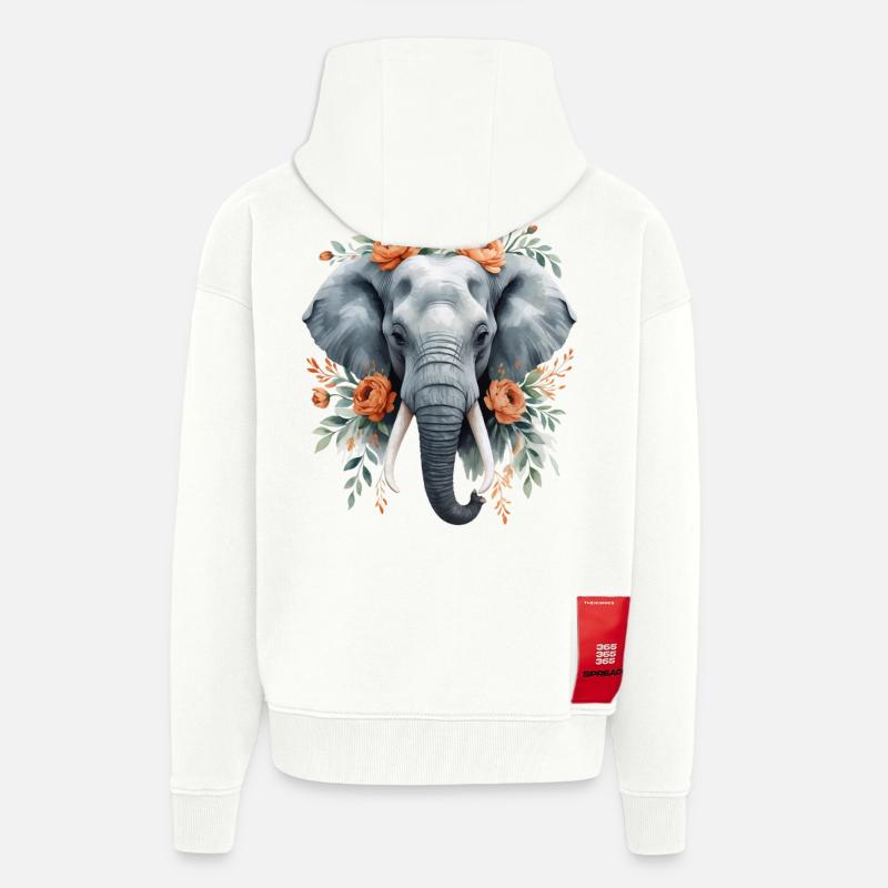 Éléphant avec une couronne de fleurs - Veste à capuche bio épaisse oversize fabriqué en UE - OFF WHITE