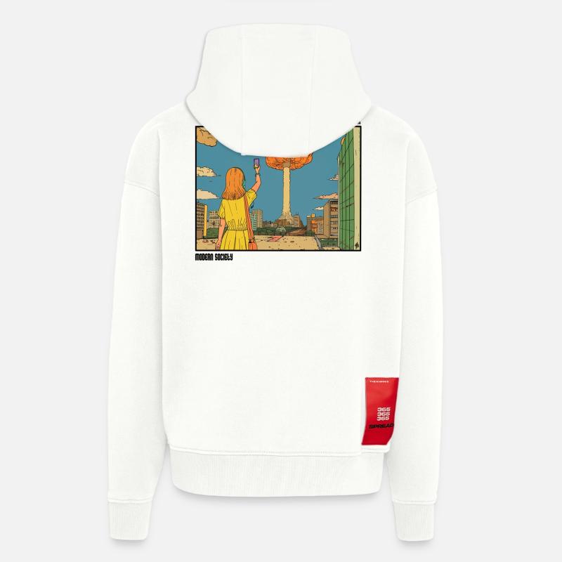 Selfie devant un Nuclear Puff - Veste à capuche bio épaisse oversize fabriqué en UE - OFF WHITE