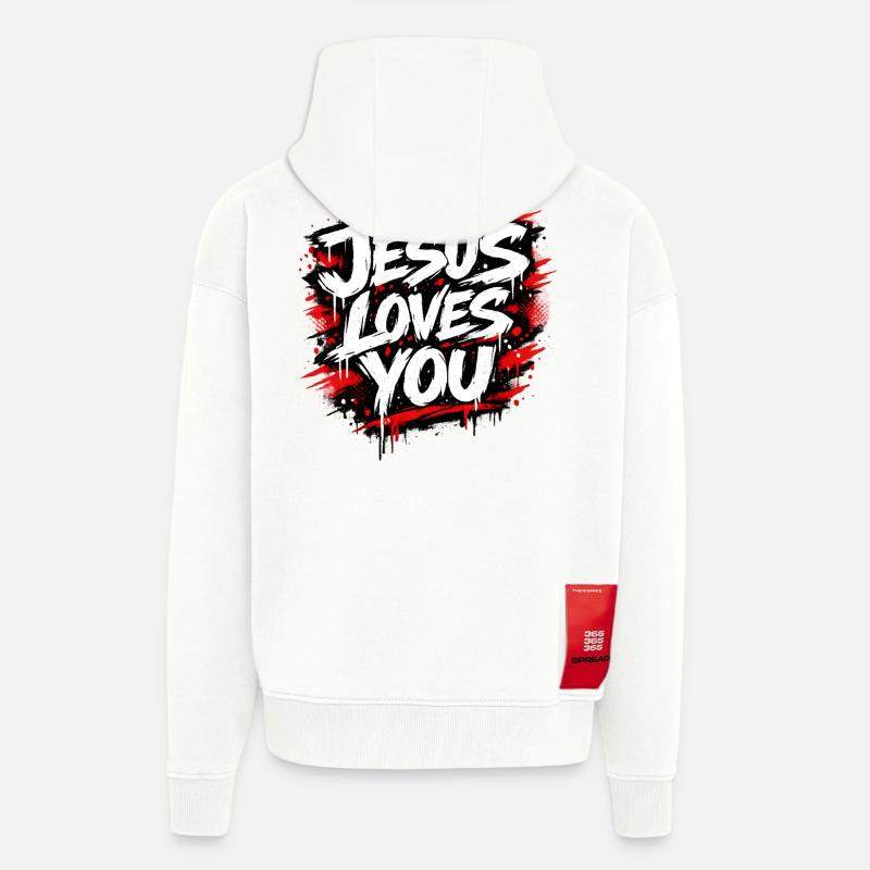 Déclaration de graffiti Jésus t’aime - Veste à capuche bio épaisse oversize fabriqué en UE - OFF WHITE