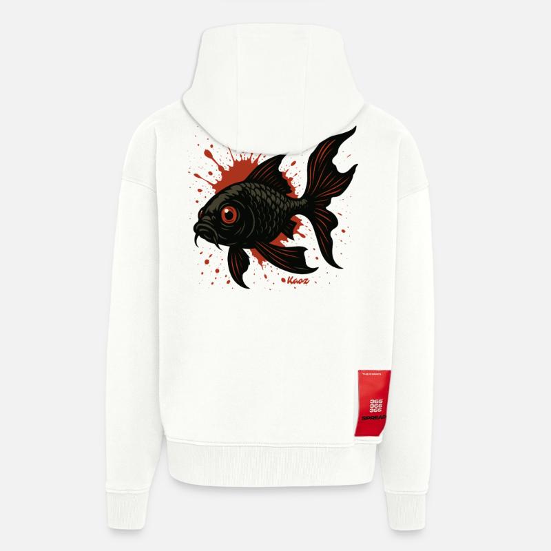 Éclaboussures de carpes koi : Poisson noir - Veste à capuche bio épaisse oversize fabriqué en UE - OFF WHITE