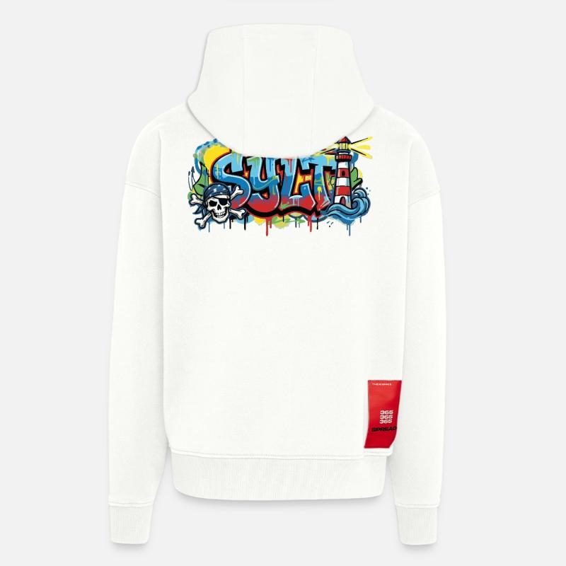 Graffiti de sylles avec phare - Veste à capuche bio épaisse oversize fabriqué en UE - OFF WHITE
