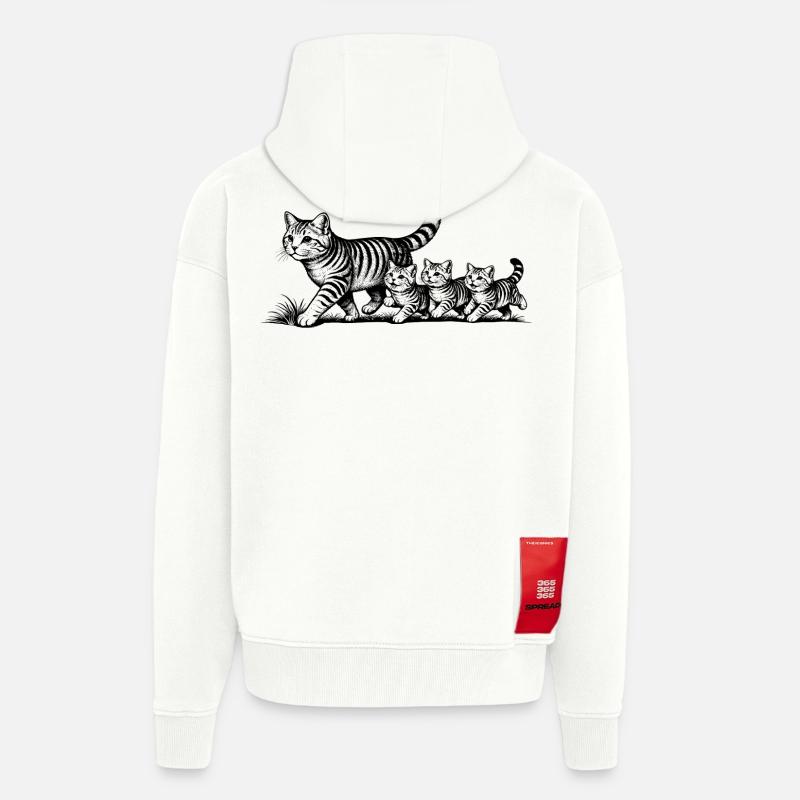 Mère chatte avec 3 chatons noirs - Veste à capuche bio épaisse oversize fabriqué en UE - OFF WHITE