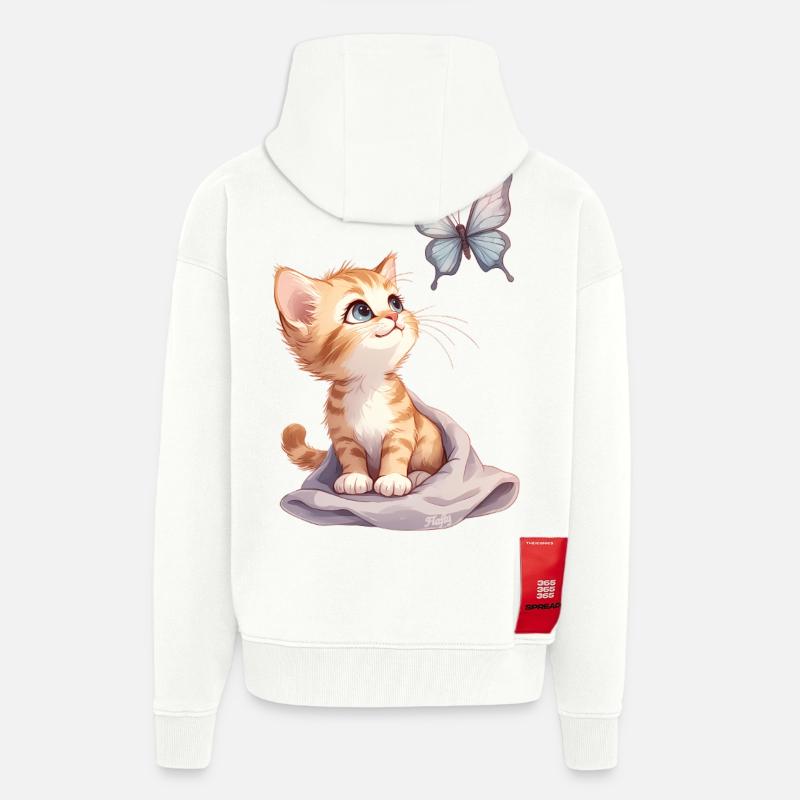 Kawaii Curious Chatten et Papillon 🐱🦋 - Veste à capuche bio épaisse oversize fabriqué en UE - OFF WHITE
