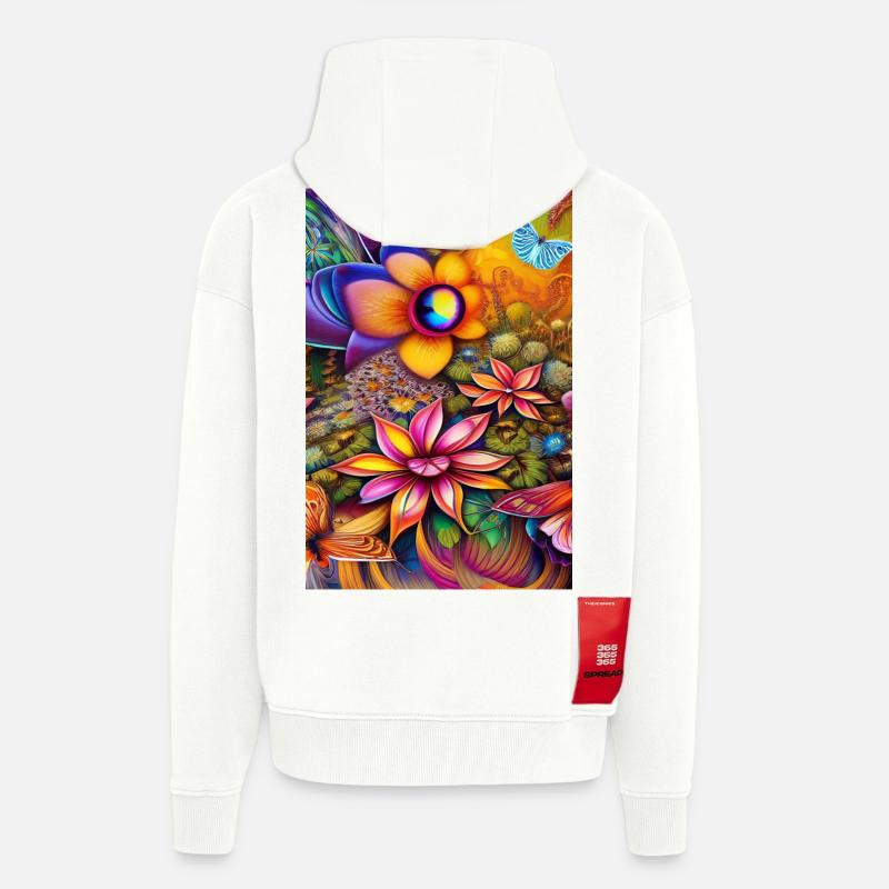 Fleurs et papillon - Veste à capuche bio épaisse oversize fabriqué en UE - OFF WHITE