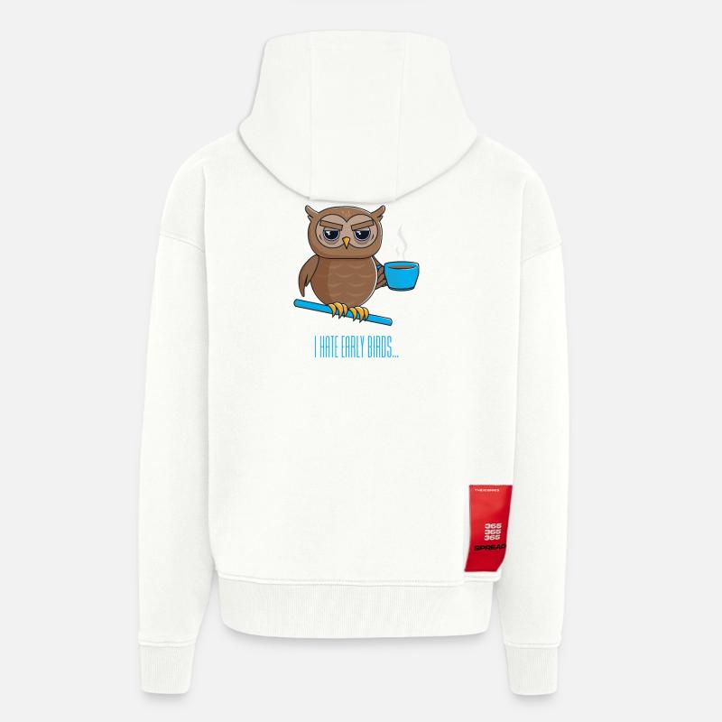 Chouette de nuit avec café - Veste à capuche bio épaisse oversize fabriqué en UE - OFF WHITE