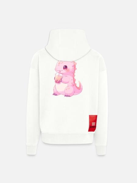 Kawaii Dinosaurus Drinkt Boba Bubble Tea Chibi - Heavyweight oversized organic ziphoodie made in EU - OFF WHITE