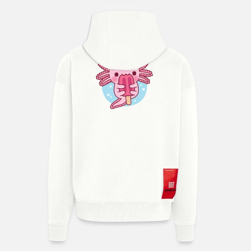 Mignon Axolotl mangeant de la glace - Veste à capuche bio épaisse oversize fabriqué en UE - OFF WHITE