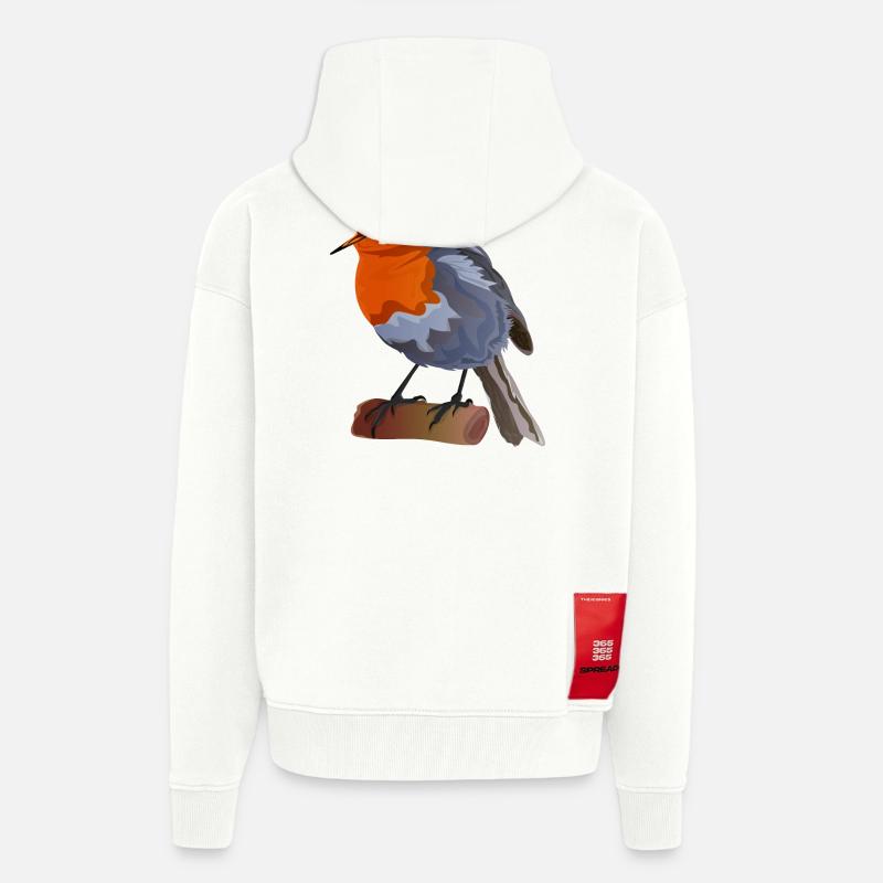 Illustration du merle sur textile - Veste à capuche bio épaisse oversize fabriqué en UE - OFF WHITE