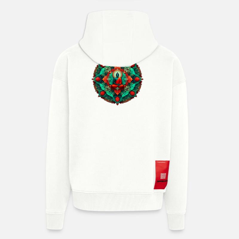 Bouddha Mandala sarcelle - Veste à capuche bio épaisse oversize fabriqué en UE - OFF WHITE