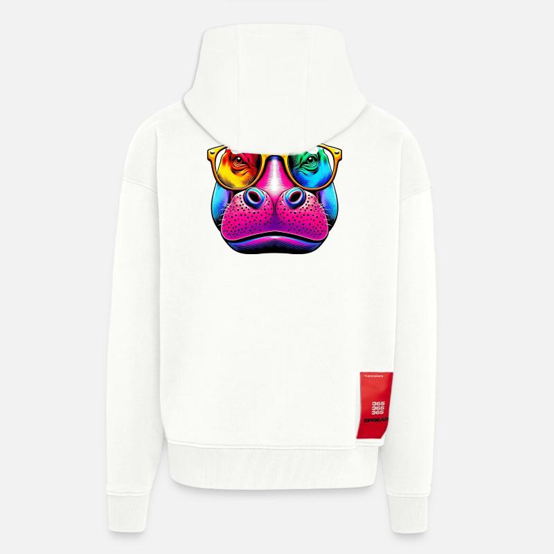 Hippopotame avec lunettes de soleil - Veste à capuche bio épaisse oversize fabriqué en UE - OFF WHITE