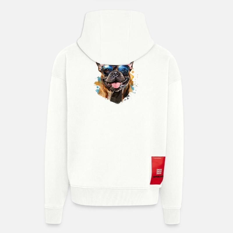Frenchie avec lunettes de soleil - Veste à capuche bio épaisse oversize fabriqué en UE - OFF WHITE