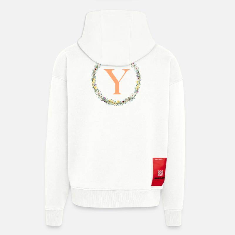 Monogramme Y, Couronne de fleurs, Personnalisable - Veste à capuche bio épaisse oversize fabriqué en UE - OFF WHITE
