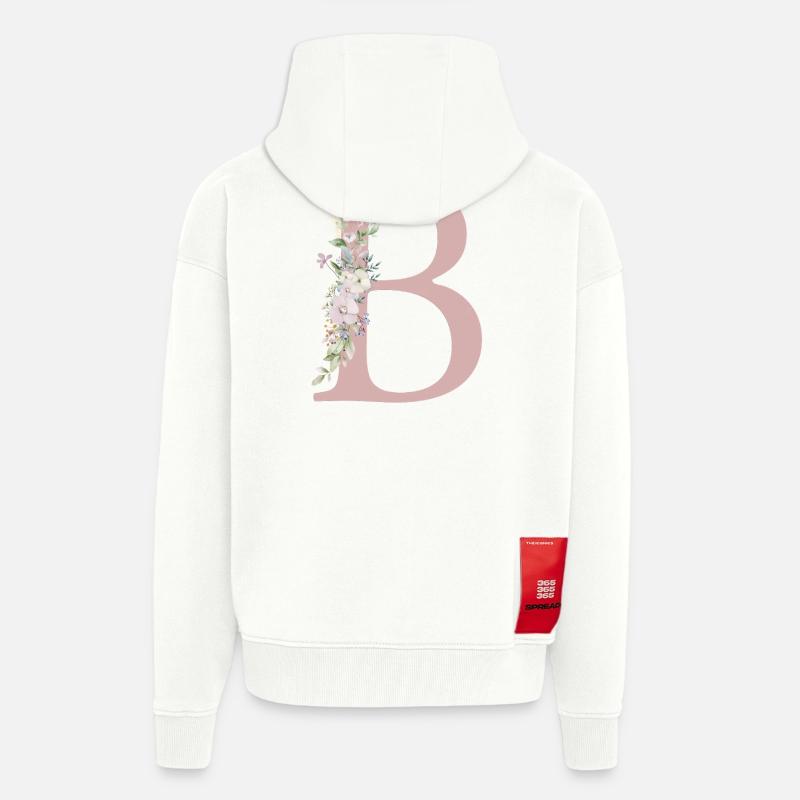 B Monogramme, Floral, Personnalisable - Veste à capuche bio épaisse oversize fabriqué en UE - OFF WHITE