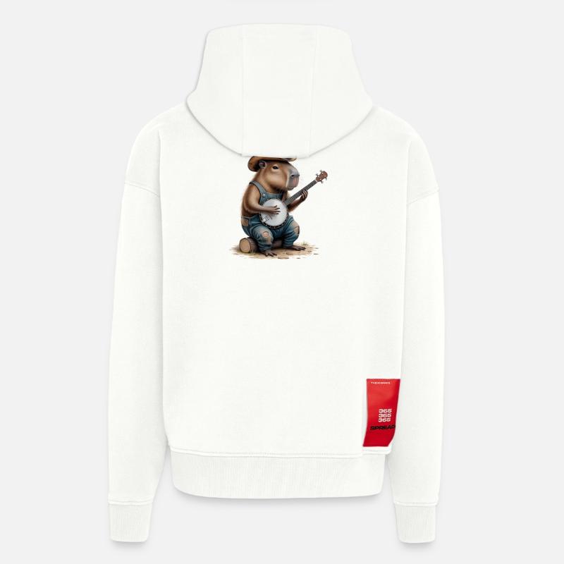 Cool Capybara jouant du banjo - Veste à capuche bio épaisse oversize fabriqué en UE - OFF WHITE