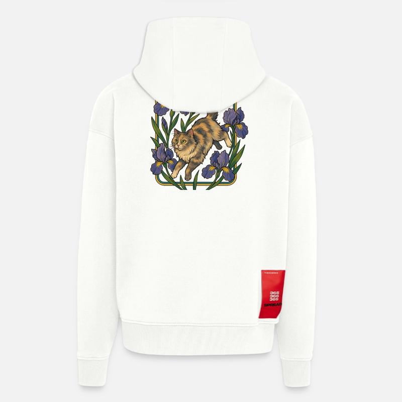 Chat élégant parmi les fleurs d'iris - Veste à capuche bio épaisse oversize fabriqué en UE - OFF WHITE