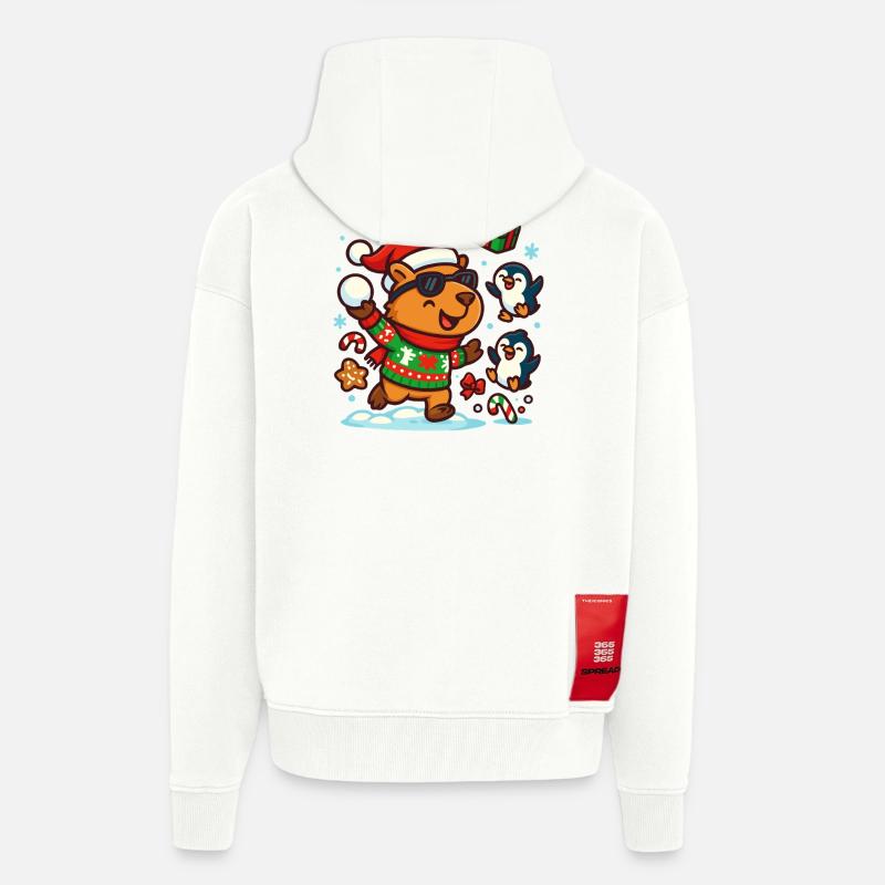 Capybara heureux avec des pingouins – Drôle - Veste à capuche bio épaisse oversize fabriqué en UE - OFF WHITE