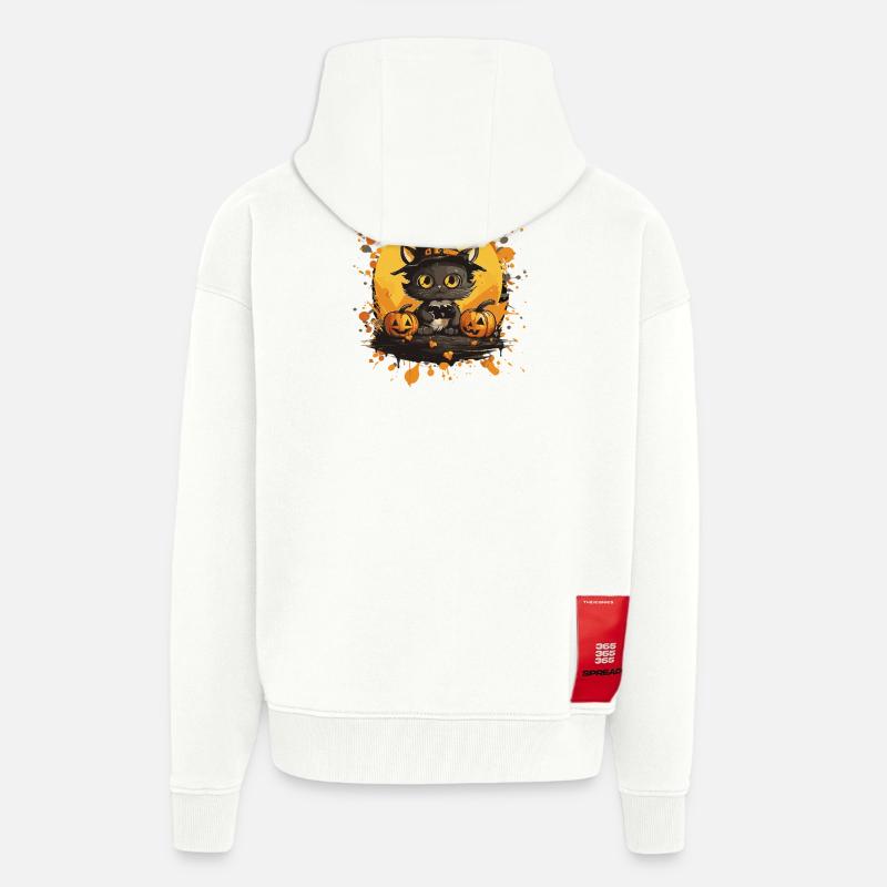Chat d’Halloween avec citrouille - Veste à capuche bio épaisse oversize fabriqué en UE - OFF WHITE