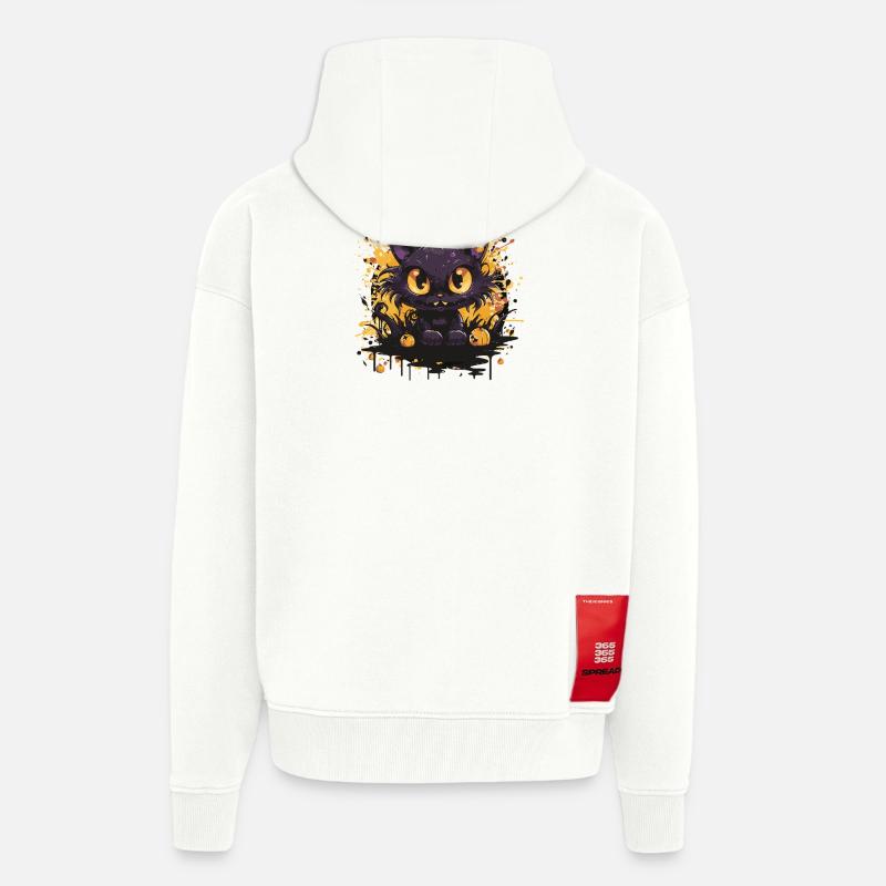 Chat noir avec des citrouilles Halloween - Veste à capuche bio épaisse oversize fabriqué en UE - OFF WHITE