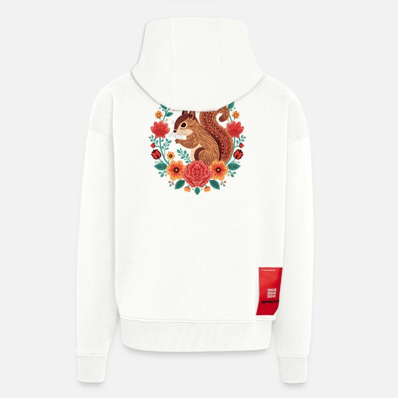 Écureuil dans le cercle de fleurs - Veste à capuche bio épaisse oversize fabriqué en UE - OFF WHITE