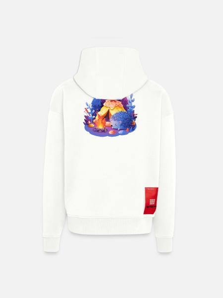 Riccio addormentato al falò - Felpa con cappuccio ecologica oversize Heavyweight Made in UE - OFF WHITE