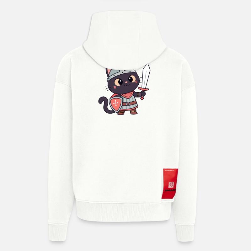 Chat Chevalier: épée et écu mignon - Veste à capuche bio épaisse oversize fabriqué en UE - OFF WHITE