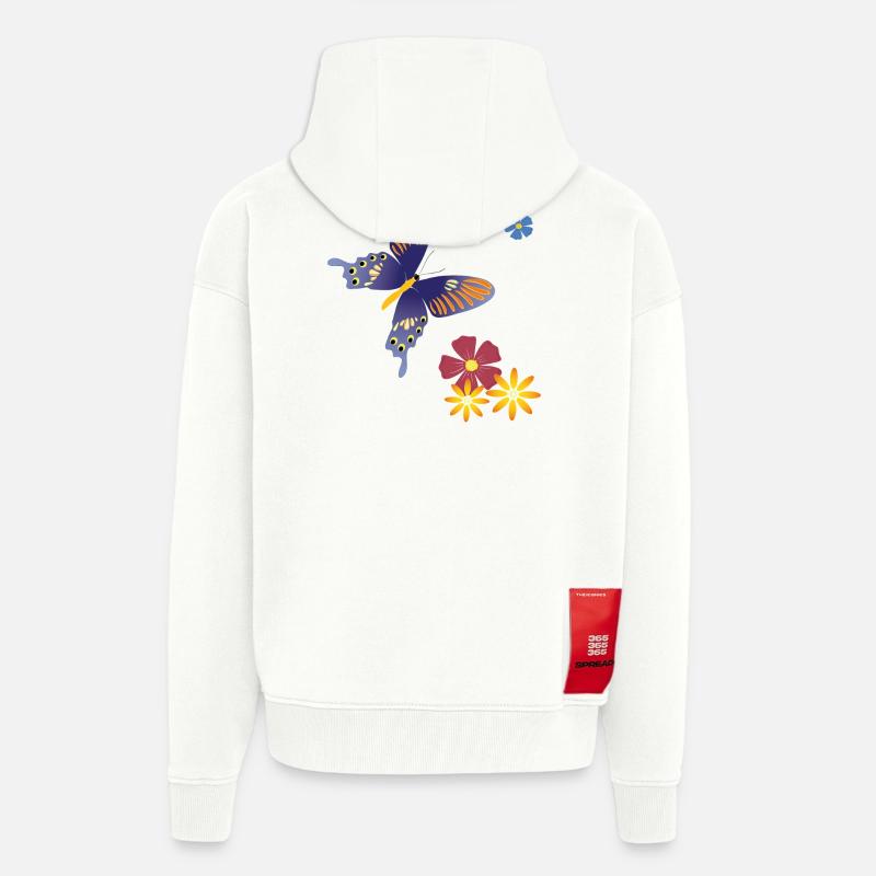 Papillon avec des fleurs - Veste à capuche bio épaisse oversize fabriqué en UE - OFF WHITE